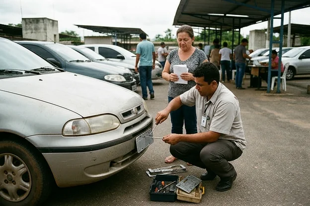 Despachante ajudando cliente no emplacamento de veículo.