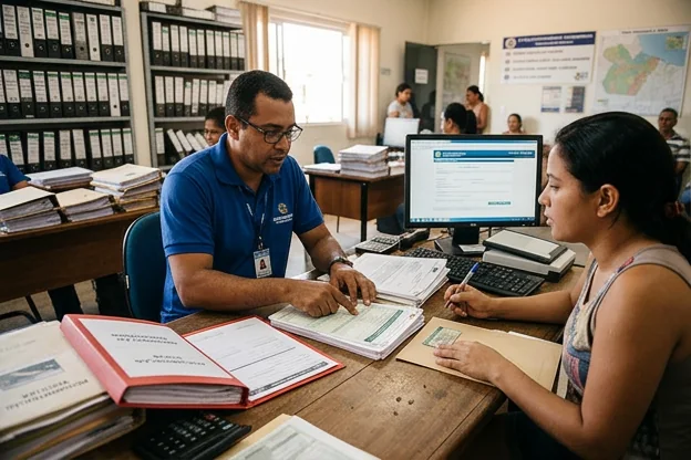 Despachante orientando cliente sobre regularização de veículo.