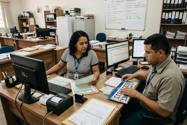 Profissionais trabalhando no licenciamento de veículos.